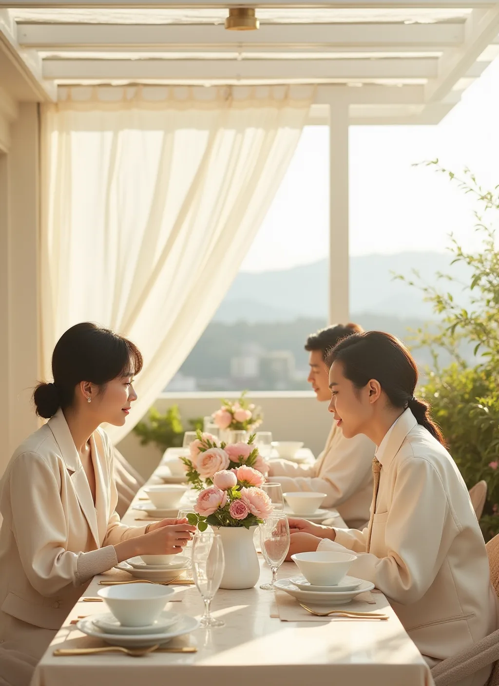 칠곡호빠 메인 라운지 · 리넨 커튼과 원형 다이닝 테이블, 골든아워 창가 자리